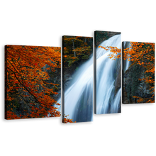 Load image into Gallery viewer, Waterfall Scenery Canvas Wall Art, Fluid White Waterfall Forest 4 Piece Multi Canvas, Amazing Waterfall Stream Orange Trees Canvas Print
