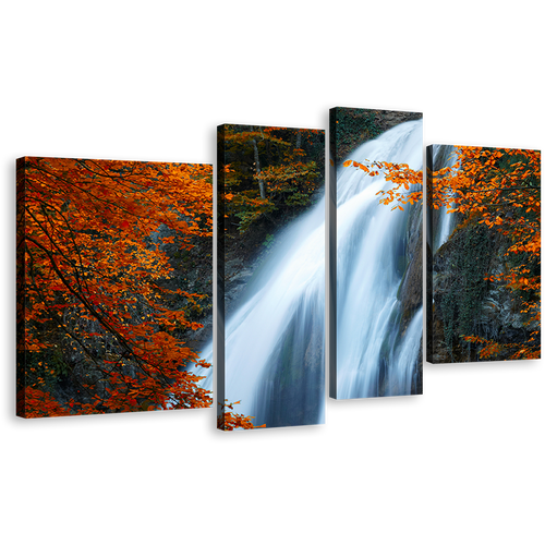 Waterfall Scenery Canvas Wall Art, Fluid White Waterfall Forest 4 Piece Multi Canvas, Amazing Waterfall Stream Orange Trees Canvas Print