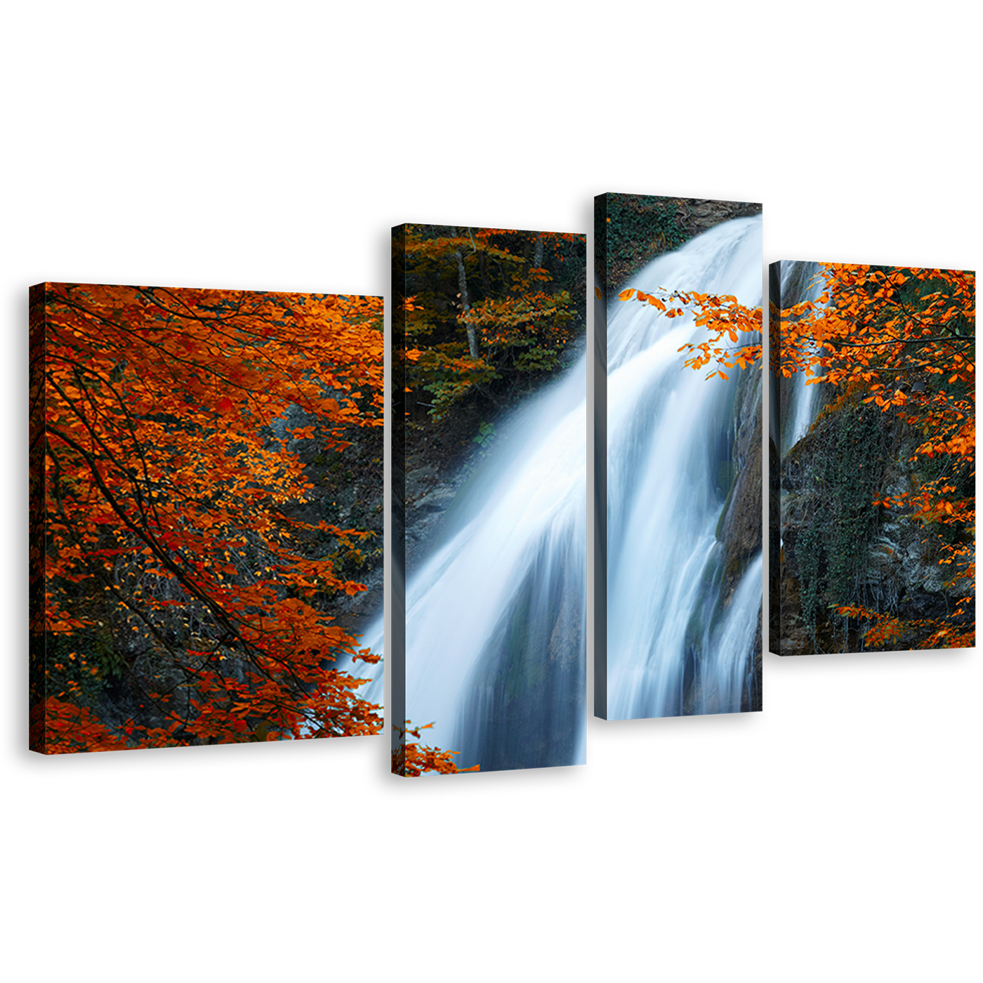 Waterfall Scenery Canvas Wall Art, Fluid White Waterfall Forest 4 Piece Multi Canvas, Amazing Waterfall Stream Orange Trees Canvas Print