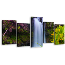 Load image into Gallery viewer, Waterfall Scenery Canvas Wall Art, Green Forest Nature Waterfall Canvas Print, Majestic White Waterfall 5 Piece Canvas
