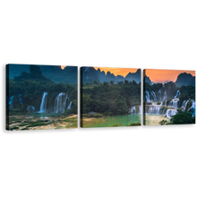 Load image into Gallery viewer, Waterfall Scenery Canvas Wall Art, Green Vietnam Landscape Banyue Waterfall 3 Piece Canvas Set, Detian Waterfall Guangxi Orange Sunset Triptych Canvas Print
