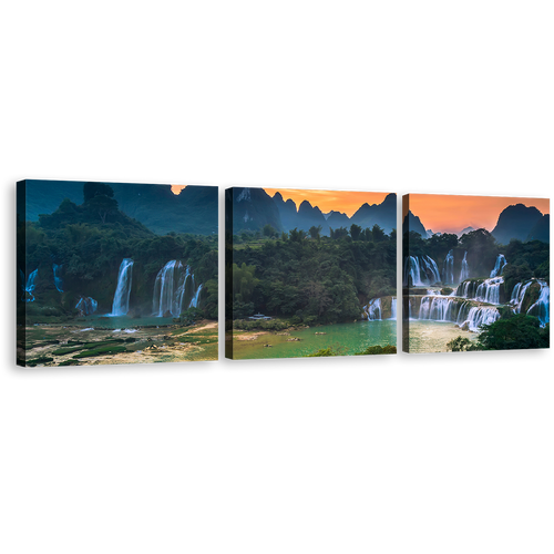 Waterfall Scenery Canvas Wall Art, Green Vietnam Landscape Banyue Waterfall 3 Piece Canvas Set, Detian Waterfall Guangxi Orange Sunset Triptych Canvas Print