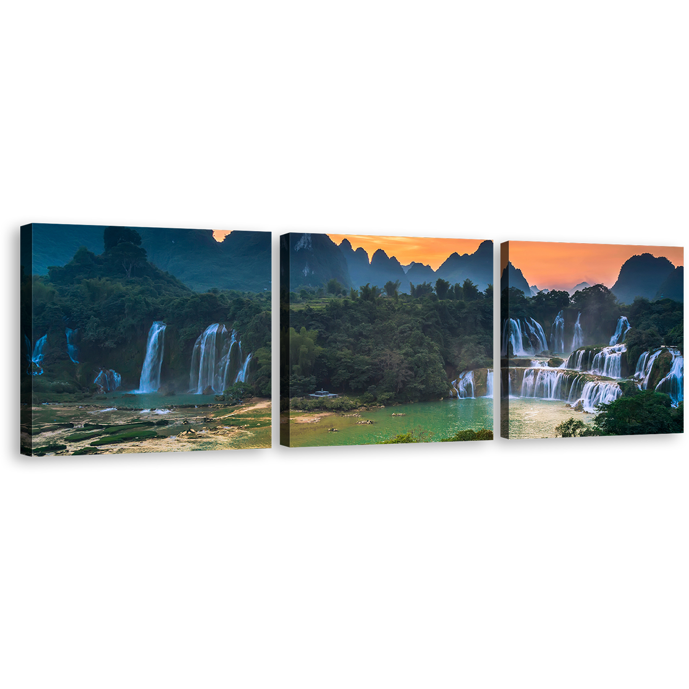 Waterfall Scenery Canvas Wall Art, Green Vietnam Landscape Banyue Waterfall 3 Piece Canvas Set, Detian Waterfall Guangxi Orange Sunset Triptych Canvas Print