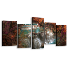 Load image into Gallery viewer, Waterfall Scenery Canvas Wall Art, Kanchanaburi Huay Mae Kamin Waterfall 5 Piece Canvas, Colorful Waterfall Nature Canvas Print
