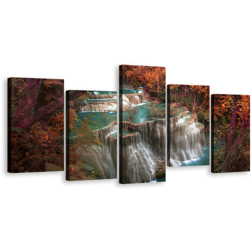 Waterfall Scenery Canvas Wall Art, Kanchanaburi Huay Mae Kamin Waterfall 5 Piece Canvas, Colorful Waterfall Nature Canvas Print