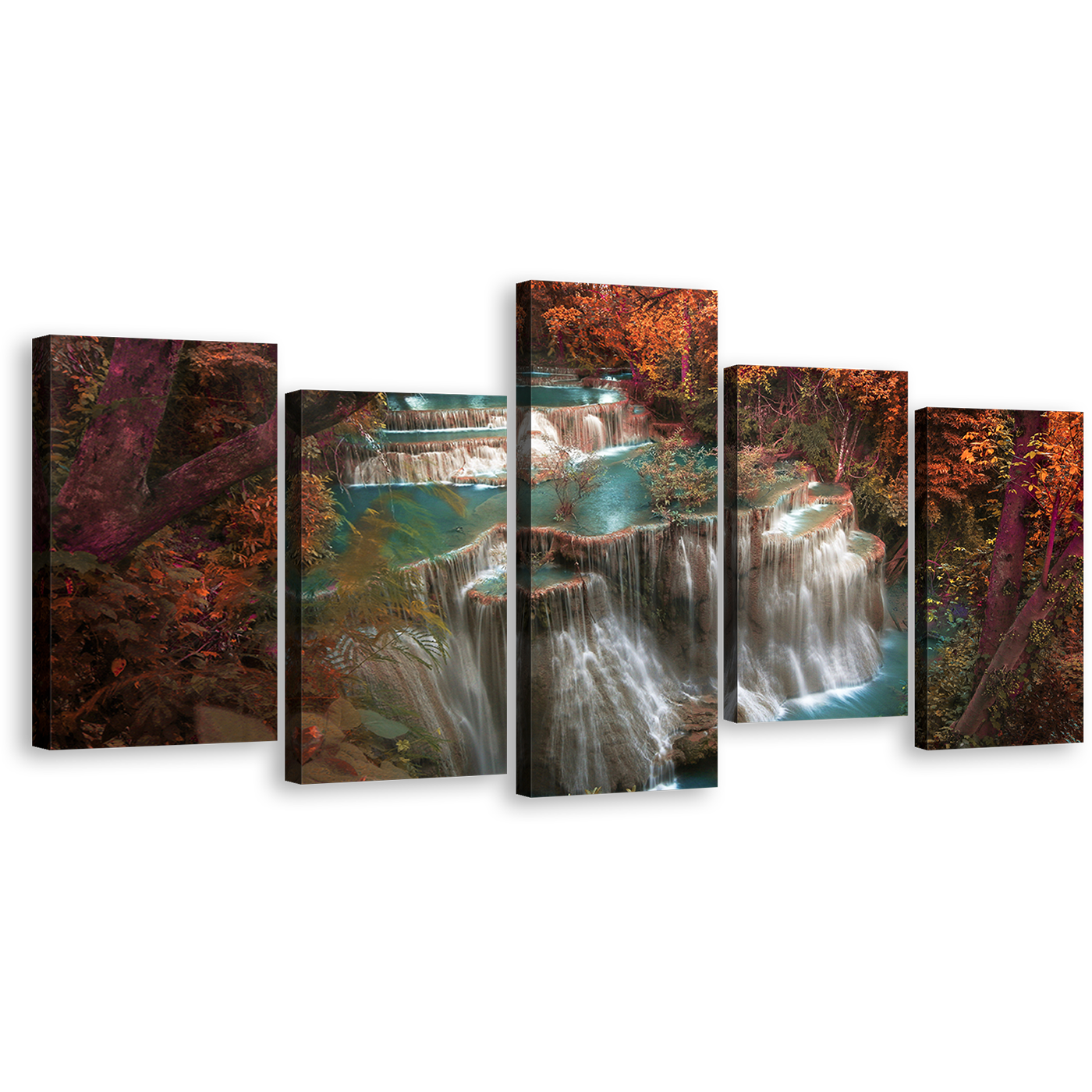 Waterfall Scenery Canvas Wall Art, Kanchanaburi Huay Mae Kamin Waterfall 5 Piece Canvas, Colorful Waterfall Nature Canvas Print