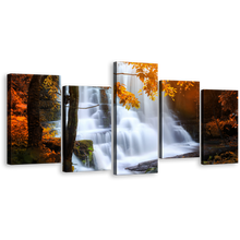 Load image into Gallery viewer, Waterfall Scenery Canvas Wall Art, Rain Orange Forest Waterfall 5 Piece Canvas Set, Mun Daeng National Park Canvas Print, White Thailand Waterfall Multi Canvas
