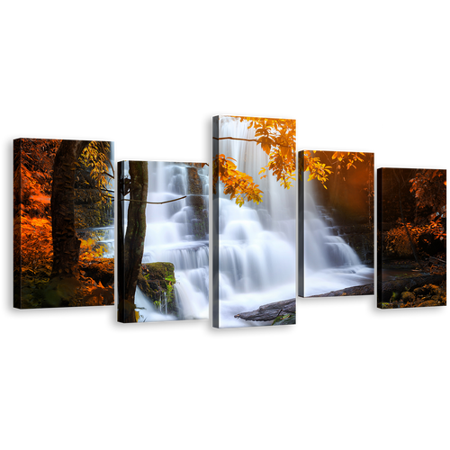 Waterfall Scenery Canvas Wall Art, Rain Orange Forest Waterfall 5 Piece Canvas Set, Mun Daeng National Park Canvas Print, White Thailand Waterfall Multi Canvas