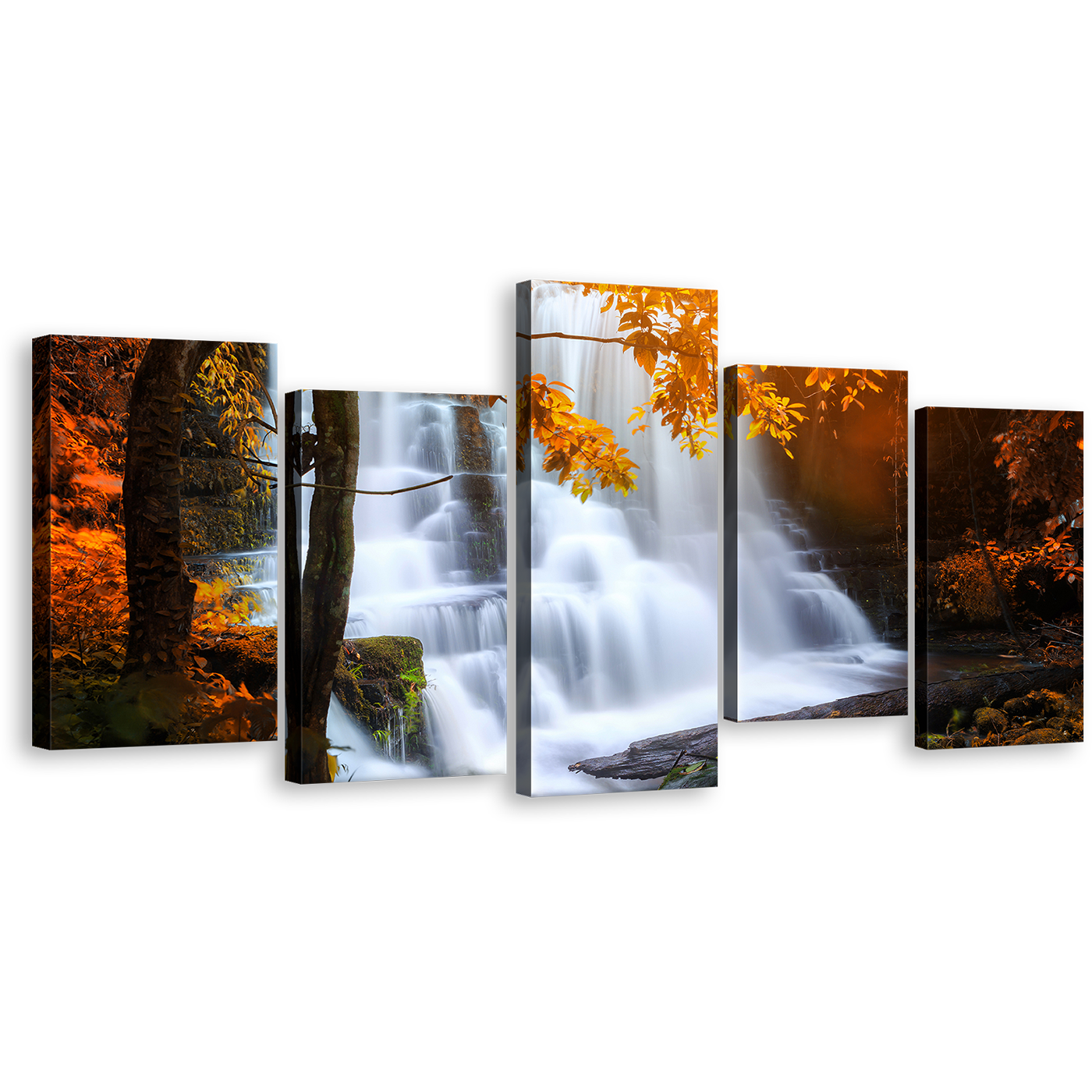 Waterfall Scenery Canvas Wall Art, Rain Orange Forest Waterfall 5 Piece Canvas Set, Mun Daeng National Park Canvas Print, White Thailand Waterfall Multi Canvas