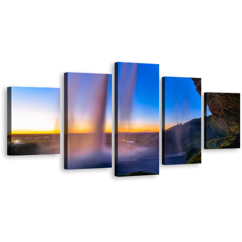 Waterfall Scenery Canvas Wall Art, Seljalandsfoss Waterfall Yellow Sunset 5 Piece Canvas, Blue Sky Iceland Waterfall Canvas Print