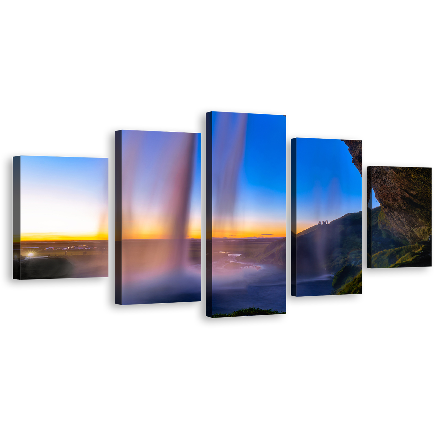 Waterfall Scenery Canvas Wall Art, Seljalandsfoss Waterfall Yellow Sunset 5 Piece Canvas, Blue Sky Iceland Waterfall Canvas Print