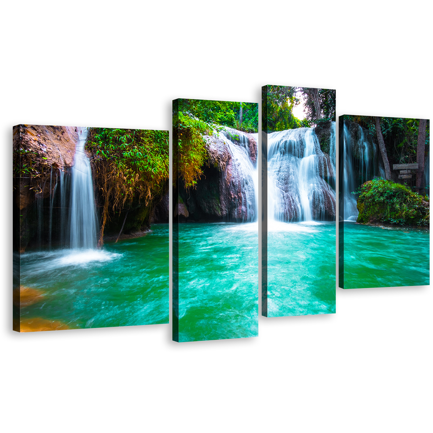 Waterfall Scenery Canvas Wall Art, Thailand Green Waterfall Nature 4 Piece Canvas Print, White Than Sawan Waterfall Multi Canvas