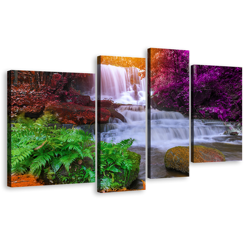 Waterfall Scenery Canvas Wall Art, Thailand Mountain Waterfall 4 Piece Multi Canvas Artwork, Colorful Mun Dang Waterfall Nature Canvas Print