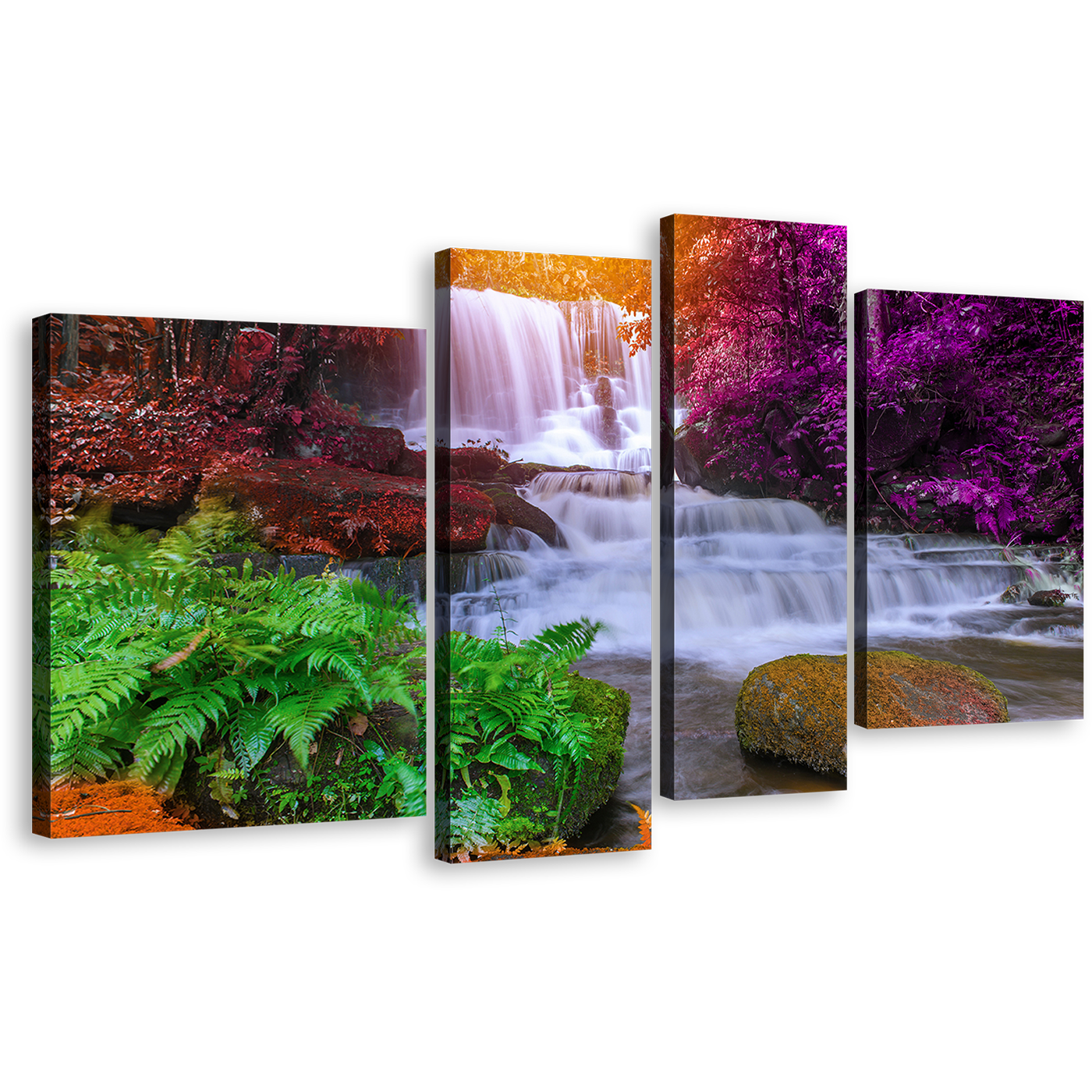 Waterfall Scenery Canvas Wall Art, Thailand Mountain Waterfall 4 Piece Multi Canvas Artwork, Colorful Mun Dang Waterfall Nature Canvas Print