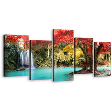 Load image into Gallery viewer, Waterfall Scenery Canvas Wall Art, Thailand Waterfall Nature Multiple Canvas, Colorful Erawan National Park Forest 5 Piece Canvas Print
