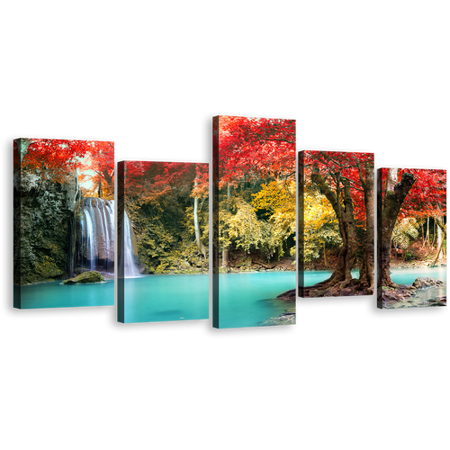 Waterfall Scenery Canvas Wall Art, Thailand Waterfall Nature Multiple Canvas, Colorful Erawan National Park Forest 5 Piece Canvas Print