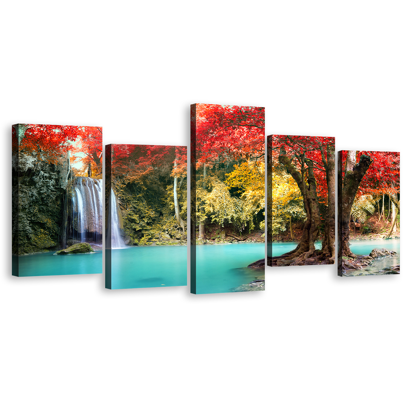 Waterfall Scenery Canvas Wall Art, Thailand Waterfall Nature Multiple Canvas, Colorful Erawan National Park Forest 5 Piece Canvas Print