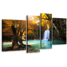 Load image into Gallery viewer, Waterfall Scenery Canvas Wall Art, Waterfall Orange Trees Multi Canvas, Blue Kanchanaburi Waterfall Canvas Print, Thailand Forest 4 Piece Canvas Set
