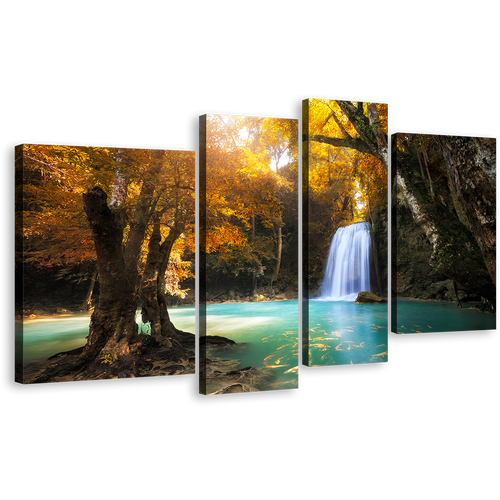 Waterfall Scenery Canvas Wall Art, Waterfall Orange Trees Multi Canvas, Blue Kanchanaburi Waterfall Canvas Print, Thailand Forest 4 Piece Canvas Set