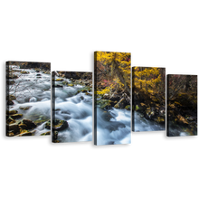 Load image into Gallery viewer, Waterfall Scenery Canvas Wall Art, White Sichuan China Falls 5 Piece Multi Canvas Artwork, Yellow Pine Forest Mountain Waterfall Canvas Print
