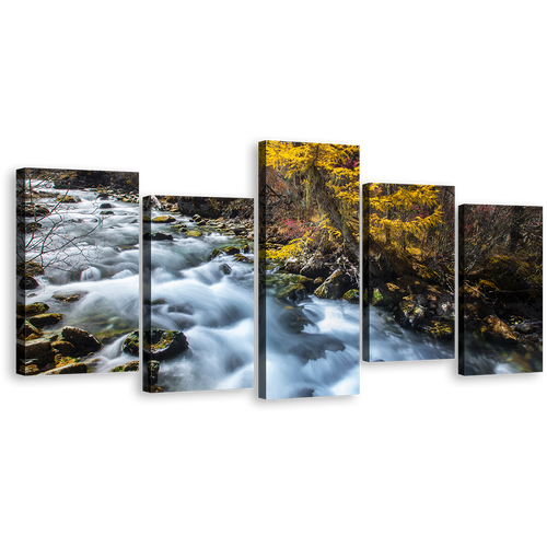 Waterfall Scenery Canvas Wall Art, White Sichuan China Falls 5 Piece Multi Canvas Artwork, Yellow Pine Forest Mountain Waterfall Canvas Print