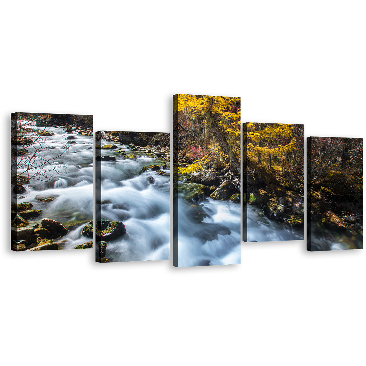 Waterfall Scenery Canvas Wall Art, White Sichuan China Falls 5 Piece Multi Canvas Artwork, Yellow Pine Forest Mountain Waterfall Canvas Print