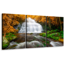 Load image into Gallery viewer, Waterfall Scenery Wall Art, Green Orange Autumn Forest 3 Piece Canvas Print, Beautiful White Waterfall Forest Canvas Set
