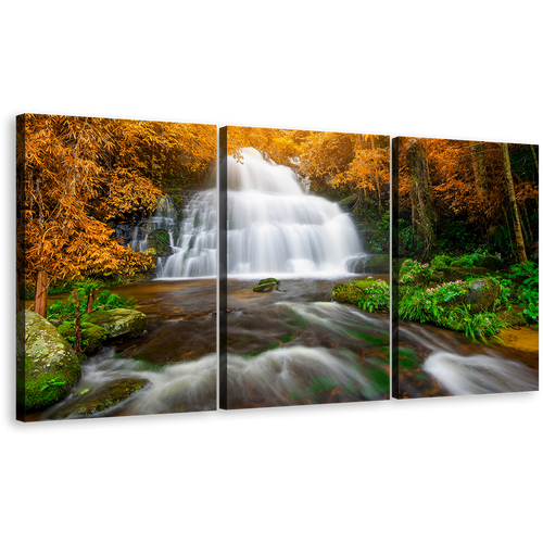 Waterfall Scenery Wall Art, Green Orange Autumn Forest 3 Piece Canvas Print, Beautiful White Waterfall Forest Canvas Set