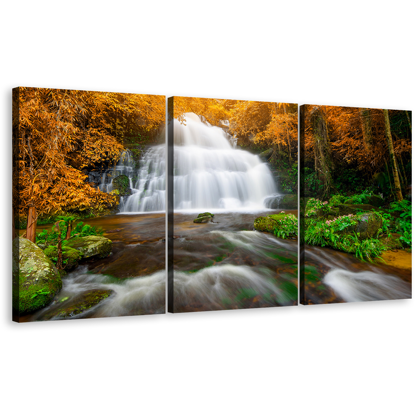 Waterfall Scenery Wall Art, Green Orange Autumn Forest 3 Piece Canvas Print, Beautiful White Waterfall Forest Canvas Set