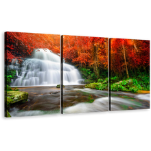 Load image into Gallery viewer, Waterfall Streaming Canvas Wall Art, Orange Autumn Trees Rocks River 3 Piece Canvas, White Waterfall Forest Triptych Canvas Print
