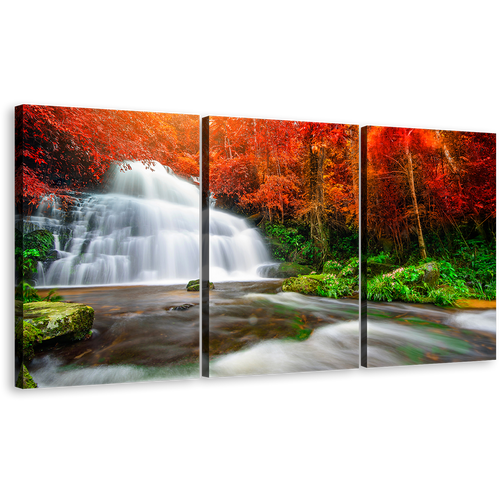 Waterfall Streaming Canvas Wall Art, Orange Autumn Trees Rocks River 3 Piece Canvas, White Waterfall Forest Triptych Canvas Print