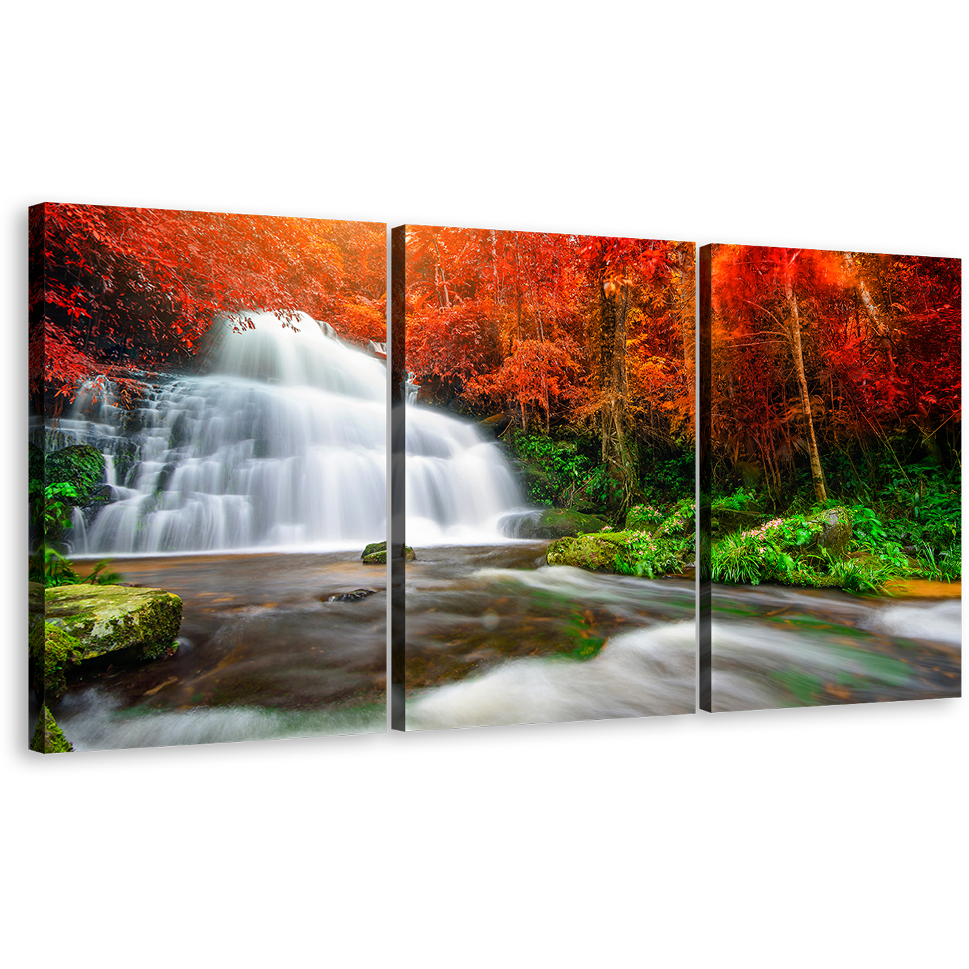 Waterfall Streaming Canvas Wall Art, Orange Autumn Trees Rocks River 3 Piece Canvas, White Waterfall Forest Triptych Canvas Print