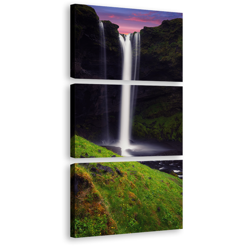 Waterfall Sunrise Canvas Wall Art, Green Mountain Waterfall Triptych Canvas Print, White Kvernufoss Waterfall 3 Piece Canvas Set