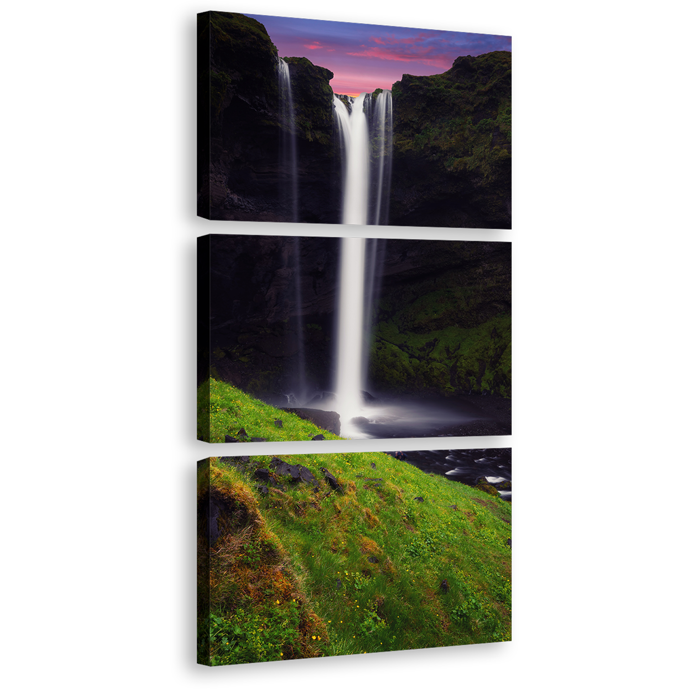 Waterfall Sunrise Canvas Wall Art, Green Mountain Waterfall Triptych Canvas Print, White Kvernufoss Waterfall 3 Piece Canvas Set