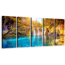 Load image into Gallery viewer, Waterfall Sunset Canvas Print, Blue Water Scenery Multi Canvas, Green Yellow Trees Waterfall Canvas Print, Plitvice Lakes National Park 5 Piece Canvas Wall Art
