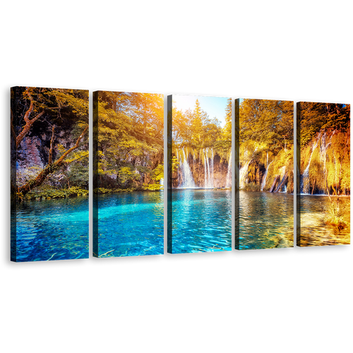 Waterfall Sunset Canvas Print, Blue Water Scenery Multi Canvas, Green Yellow Trees Waterfall Canvas Print, Plitvice Lakes National Park 5 Piece Canvas Wall Art