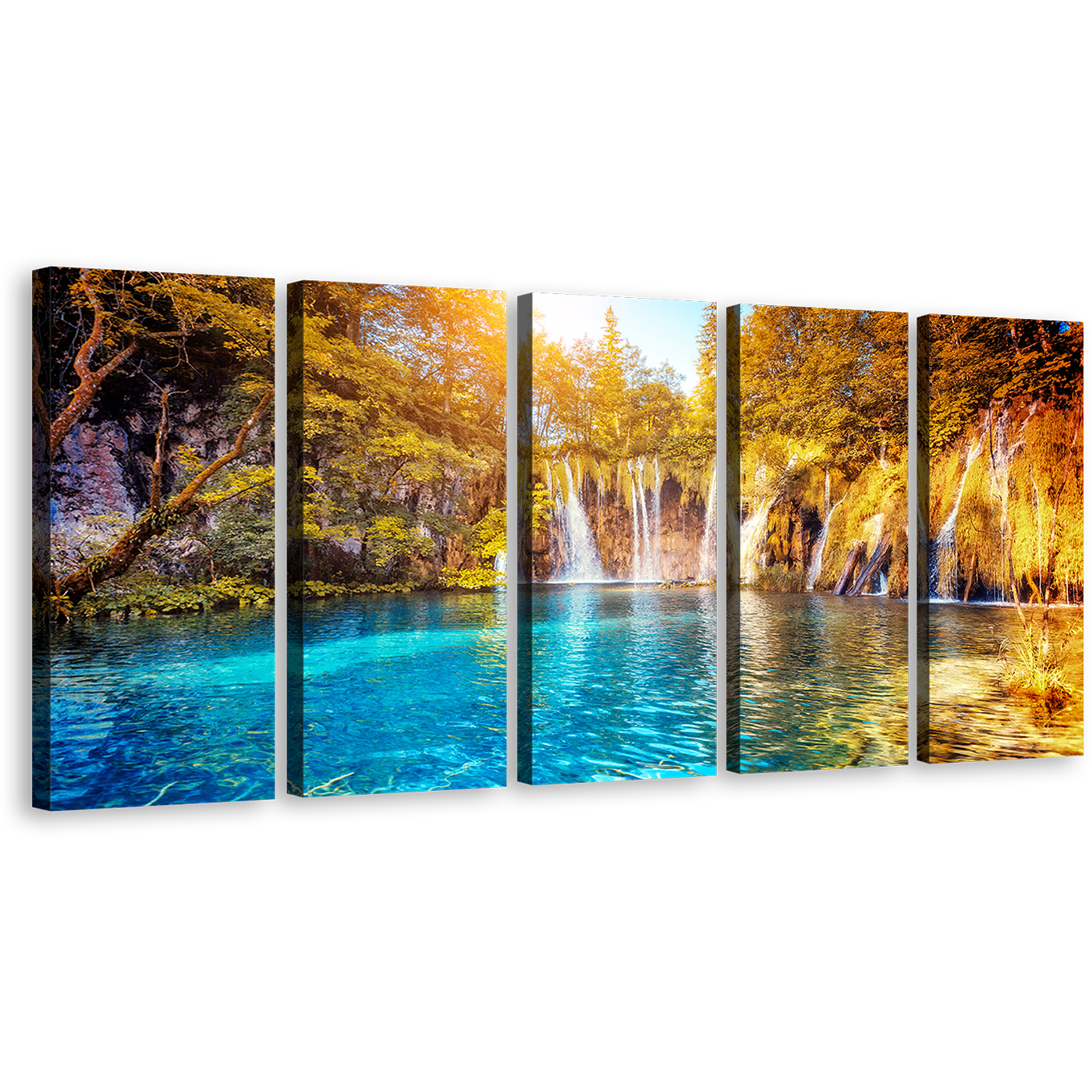 Waterfall Sunset Canvas Print, Blue Water Scenery Multi Canvas, Green Yellow Trees Waterfall Canvas Print, Plitvice Lakes National Park 5 Piece Canvas Wall Art