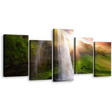 Load image into Gallery viewer, Waterfall Sunset Canvas Print, Yellow Sunset Landscape 5 Piece Canvas Wall Art, Green Iceland Scenery Seljalandsfoss Waterfalls Multi Canvas Artwork
