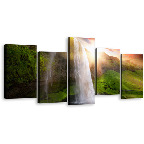 Waterfall Sunset Canvas Print, Yellow Sunset Landscape 5 Piece Canvas Wall Art, Green Iceland Scenery Seljalandsfoss Waterfalls Multi Canvas Artwork