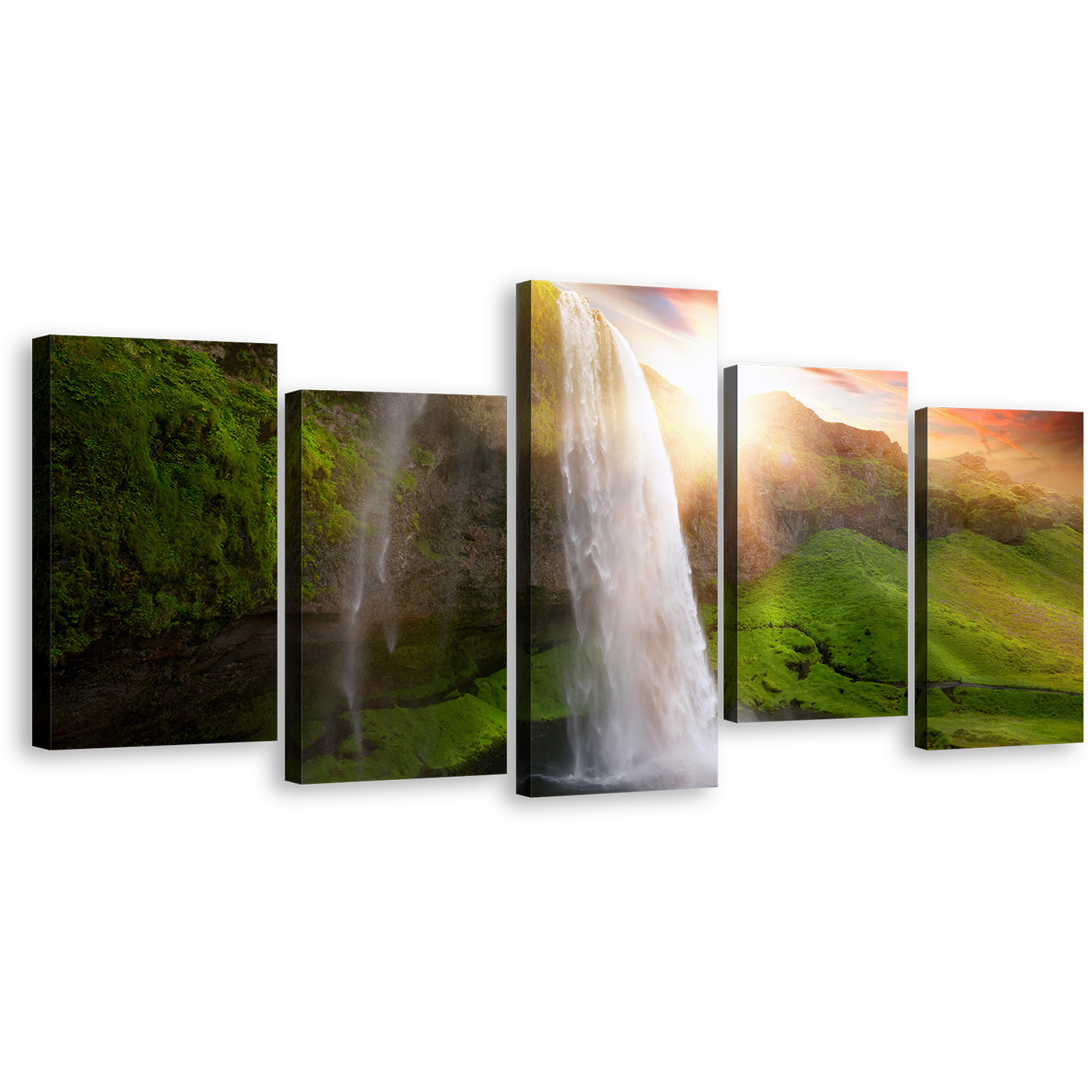 Waterfall Sunset Canvas Print, Yellow Sunset Landscape 5 Piece Canvas Wall Art, Green Iceland Scenery Seljalandsfoss Waterfalls Multi Canvas Artwork