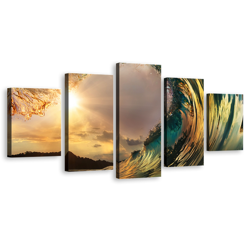 Wave Break Wall Art, Yellow Sunset Beach Wave 5 Piece Multiple Canvas, Green Ocean Waves Canvas Print