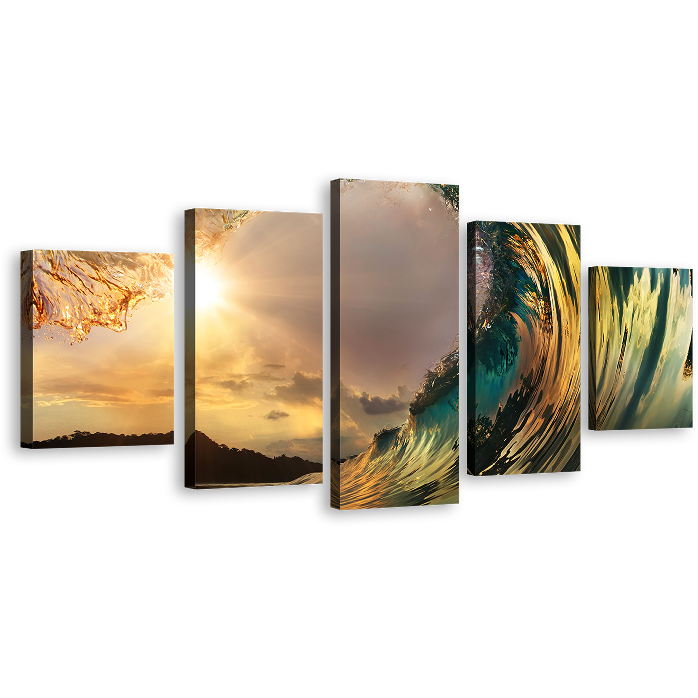 Wave Break Wall Art, Yellow Sunset Beach Wave 5 Piece Multiple Canvas, Green Ocean Waves Canvas Print