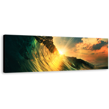 Load image into Gallery viewer, Wave Falling Canvas Wall Art, Wave at Yellow Sunset Panorama Canvas, Green Ocean Waves Wide Canvas Print
