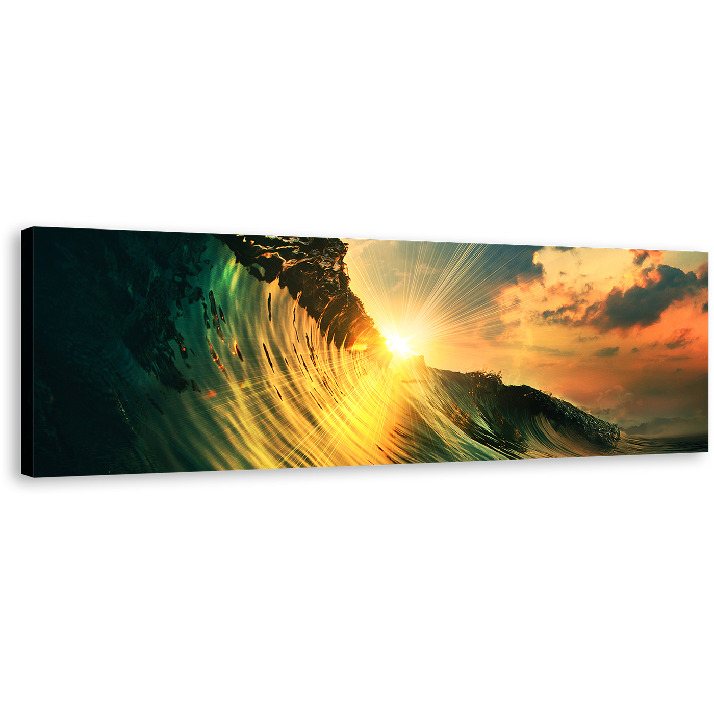 Wave Falling Canvas Wall Art, Wave at Yellow Sunset Panorama Canvas, Green Ocean Waves Wide Canvas Print