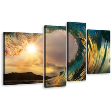 Load image into Gallery viewer, Wave Sunset Canvas Print, Cloudy Yellow Sunset Beach 4 Piece Wall Art, Green Ocean Waves Break Multi Canvas
