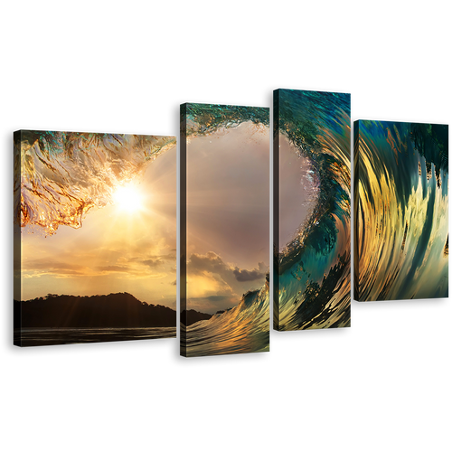 Wave Sunset Canvas Print, Cloudy Yellow Sunset Beach 4 Piece Wall Art, Green Ocean Waves Break Multi Canvas