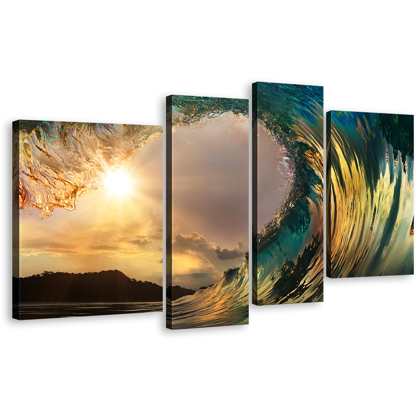 Wave Sunset Canvas Print, Cloudy Yellow Sunset Beach 4 Piece Wall Art, Green Ocean Waves Break Multi Canvas