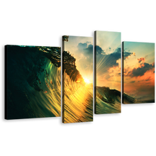 Load image into Gallery viewer, Wave Sunset Canvas Print, Green Ocean Waves Falling Multi Canvas Artwork, Cloudy Yellow Sunset Sky 4 Piece Canvas Wall Art
