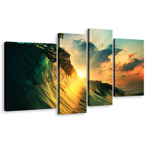 Wave Sunset Canvas Print, Green Ocean Waves Falling Multi Canvas Artwork, Cloudy Yellow Sunset Sky 4 Piece Canvas Wall Art