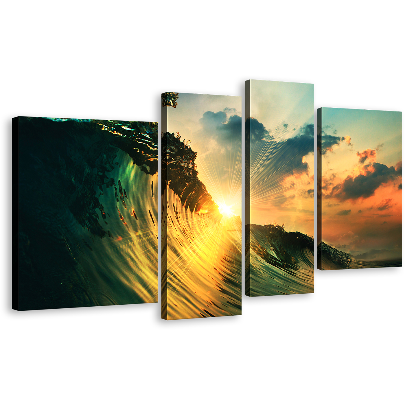 Wave Sunset Canvas Print, Green Ocean Waves Falling Multi Canvas Artwork, Cloudy Yellow Sunset Sky 4 Piece Canvas Wall Art